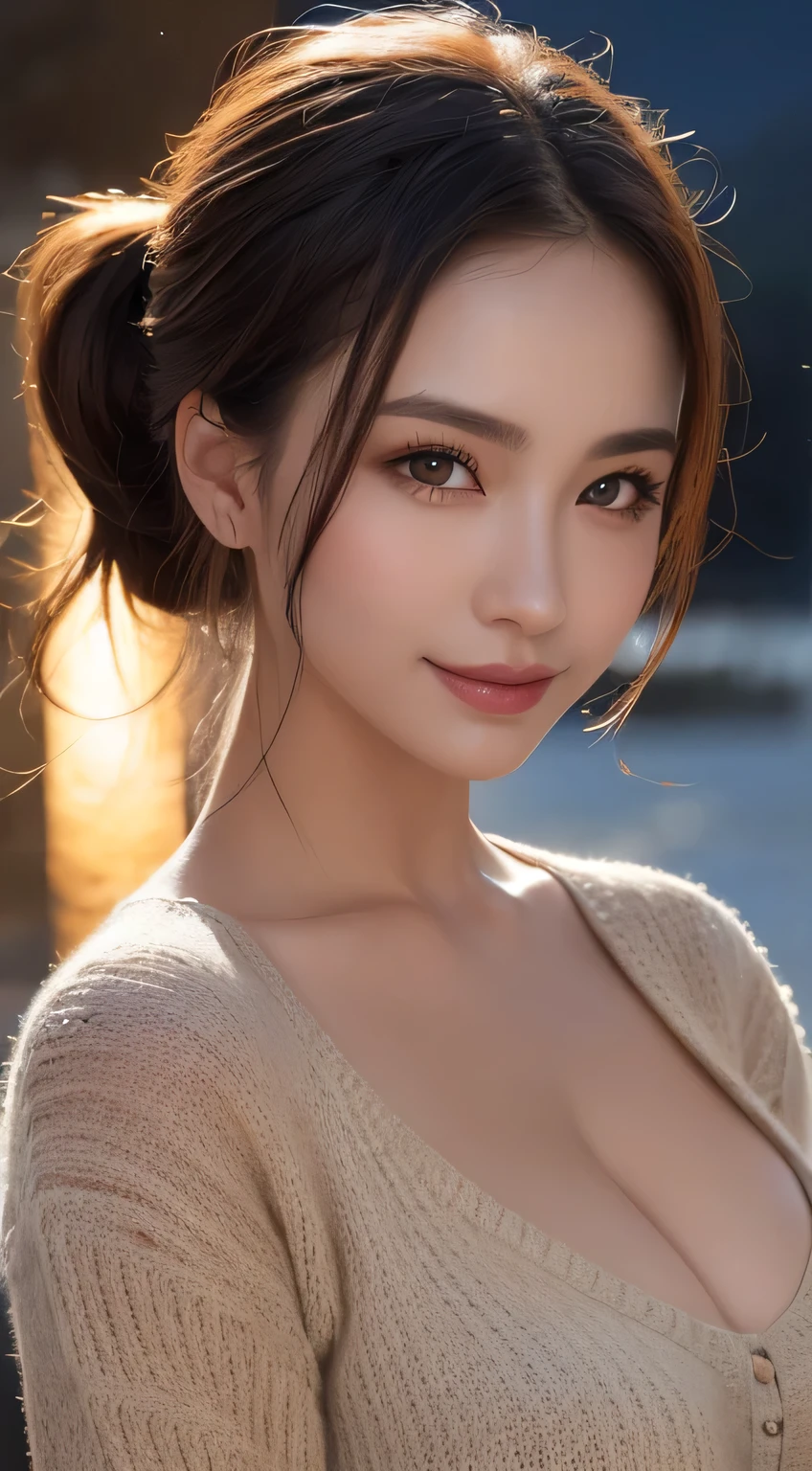 Kimono beauty, body portrait, 8K, thin and beautiful eyes, Dindal effect, masterpiece, top quality, high quality, high resolution, very detailed photo, (natural skin texture, fine skin, hyperrealism, super sharpness) , high detail skin, (very fine, fine skin texture, intricate details, beautiful face, (realistic face), realistic eyes, beautifully detailed eyes, ponytail, realistic skin, beautiful skin, surreal, Highly detailed, golden ratio, smiling eyes, ((night moonlight background)), body portrait, oily skin, shiny skin, shiny skin with oil, big breasts, huge breasts, big breasts, erotic body, glamorous, sheer knit Sweater, cleavage, all wet