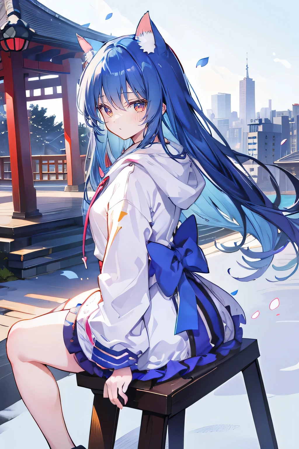 (masterpiece:1.2),Super detailed,lifelike,Expressive eyes,fair skin,perfect face shape,1 girl,
Japanese comics,Gorgeous blue hair,flowing blue hair,flowing clothes,Cat ears,Petals fall,beautiful lola,Baby Angel,
Shaking head with one hand,Cross your legs,Gentle and peaceful background,The pavilion is cool and comfortable,smile, wearing hoodie, background of tokyo,back views,snowing, winter.