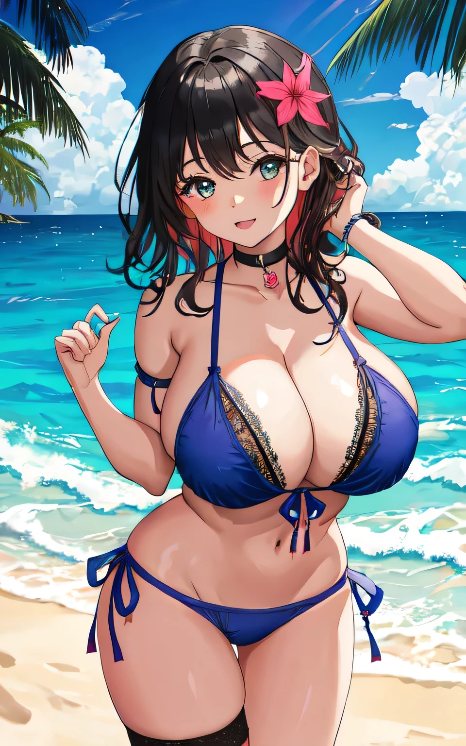 A 6 year old girl with huge breasts, wearing a lacy bikini swimming costume, on the beach, holding a man's penis in her hand, wearing a swim ring