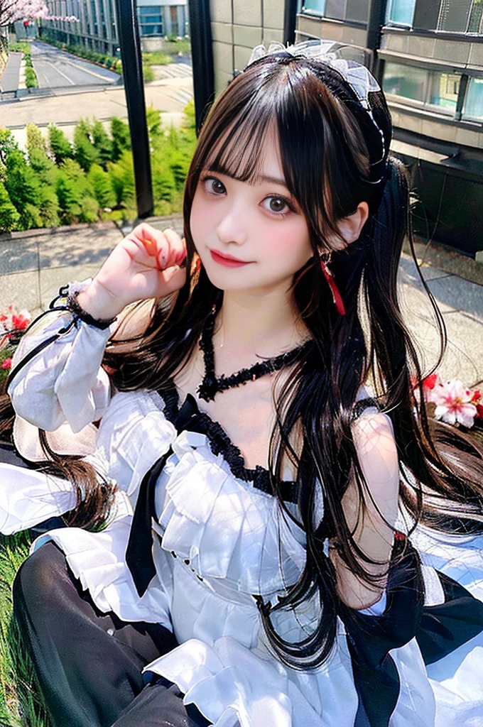 Armpit Hair、Show both sides、High heels(Black)、pantyhose(Black)、garter belt(Black)、Big Breasts、Long Hair(Black、straight)、Squat、Leg spread、Married Woman、first round、Voluptuous、Puddle、Outdoor、garden、Cherry Blossom Viewing、cherry blossoms