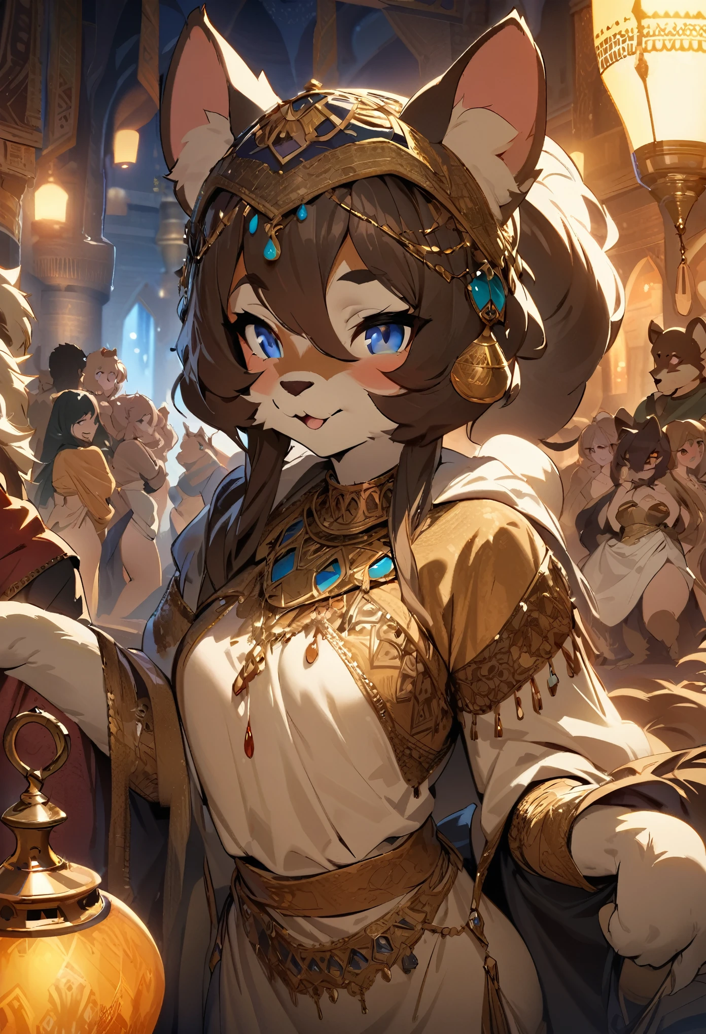 top quality, best quality, High-quality illustrations, masterpiece, super high resolution, detailed background, detailed background, The Arabian Nights' Entertainment, turkish lamp, 6+boys, 6+girls, absurdres(highly detailed beautiful face and eyes)perfect anatomy, expression, good lighting, cinematic shadow(kemono, furry anthro),