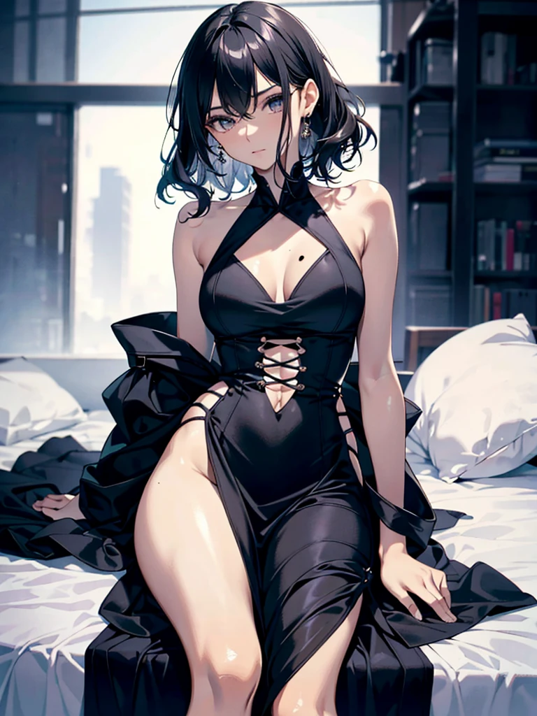 absurdres, RAW photo, extremely delicate and beautiful, masterpiece, Best Quality, ultra high resolution, 32k, hyperrealistic, ultra-detailed, perfect anatomy, anatomically correct, perfect figure, super Detailed skin, 20 years old, very Slim body, narrow waist, very small head, very small face, delicate facial features, detailed face, detailed eyes, tearful mole, earring, thin legs, bare legs, very huge round breasts, short medium hair, ((wavy hair)), wet clothes, ((black gorgeous long dress)), ((regalia)),