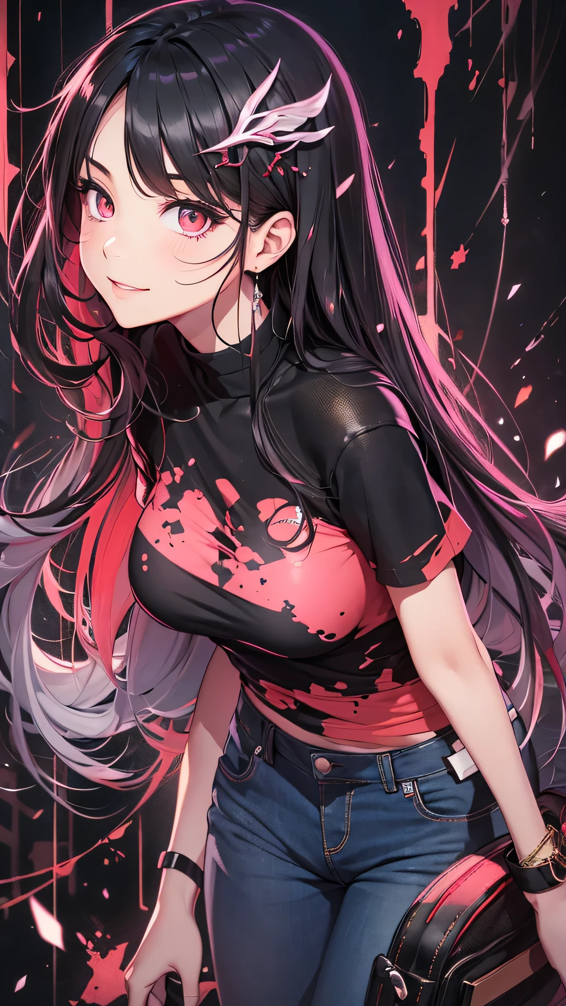 最high quality、Best image quality、masterpiece、girl((18-year-old、 By becoming、Best Bust、Medium Bust,Wide open tea、Red glowing eyes,Black Hair、Red Mesh、Disheveled Hair、Lointail、thin,The highest valley、Open chest、Luminous Wristbands、hair ornaments、Show the whole body,Black short sleeve T-shirt、Wear a shoulder bag、Short denim trousers、Leaning forward、smile、Disheveled,Hands on hips、turn around)),high quality、Beautiful art、background((Black Room、Black Wall、Black furniture、Big black PC、red paint))、Flight、Flying debris、Written boundary depth、movie、Visual Arts、Perfect art、8K,Genuine,