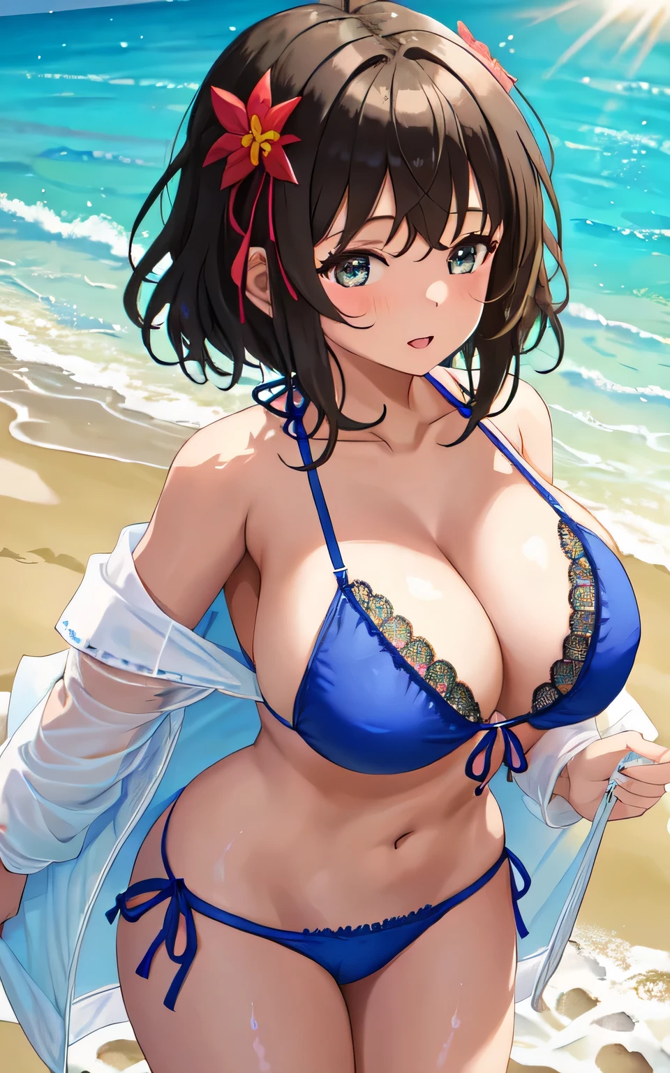 A 6 girl with huge breasts, wearing a lacy bikini swimming costume, on the beach, holding a man's penis in her hand, wearing a swim ring