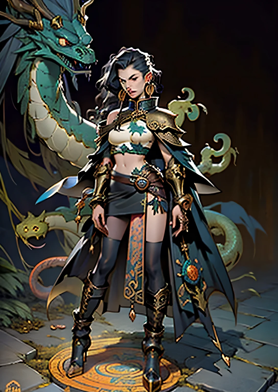 Surreal mage, full-length portrait, long green curly hair, crow feather cape, brass shoulder armor, boots, poisonous insect staff, bone headdress oriental horror, leather hip skirt with unique cut, brass headdress, Chinese totem, skeleton ornament of fantasy creatures, copper complex collar, interesting character design, corrosive venom, corrosive spells, giant foot worm bones, League of Legends character design style