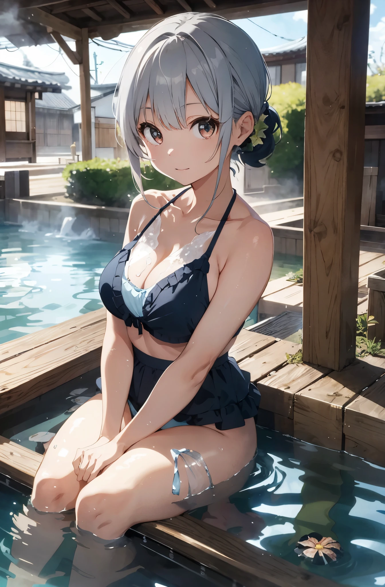 Silver-haired girl drawn in high resolution Japanese anime style、Realistic background blur that looks like it was taken with a high-performance camera.、Please provide high quality illustrations........。Beautiful woman soaking in a hot spring with a relaxed expression.、The steam rising from the bathtub is beautifully depicted...................。Attention to detail in hair and skin、There are no houses around、quiet、Enjoy the natural texture。Communicating the atmosphere of a hot spring town、Please also draw the surrounding scenery and hot spring facilities...................。Highlighting a beautiful girl in a pink bikini。。。、Please draw an illustration that captures her charm...................。Wakame seaweed、Wakame seaweed、Wakame seaweed、Wakame seaweed、Wakame seaweed、Wakame seaweed、