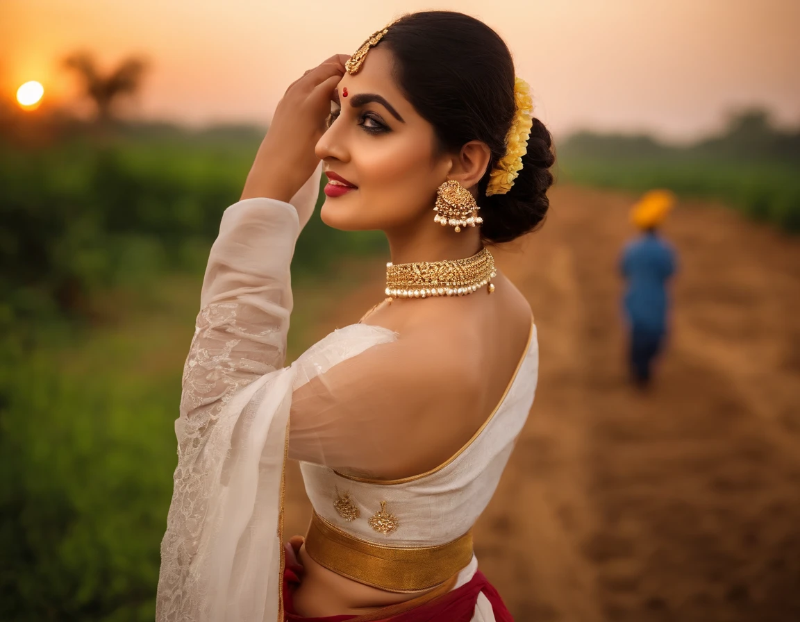 Punjab roller area farmhouse sunset time one girl where the white clothes Punjabi tradition cloth girl height 5.9 girl waiter 75 booms size 36 ass size 36