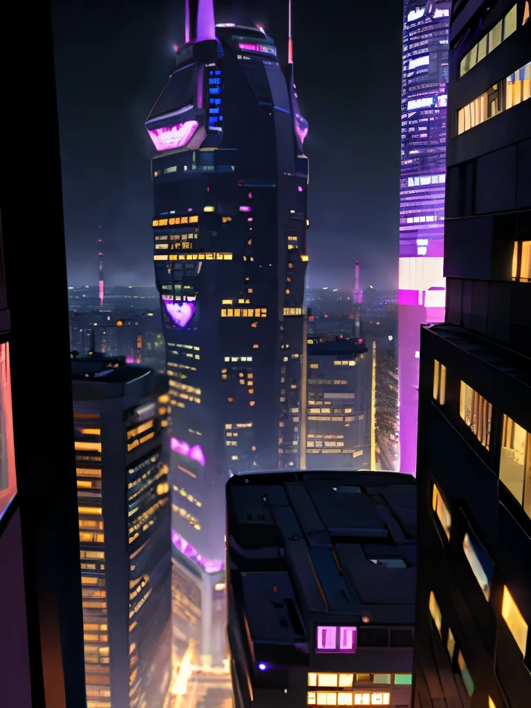 midnight,Purple tone,light pollution,Cyberpunk City,Back,Top of a skyscraper,airship。