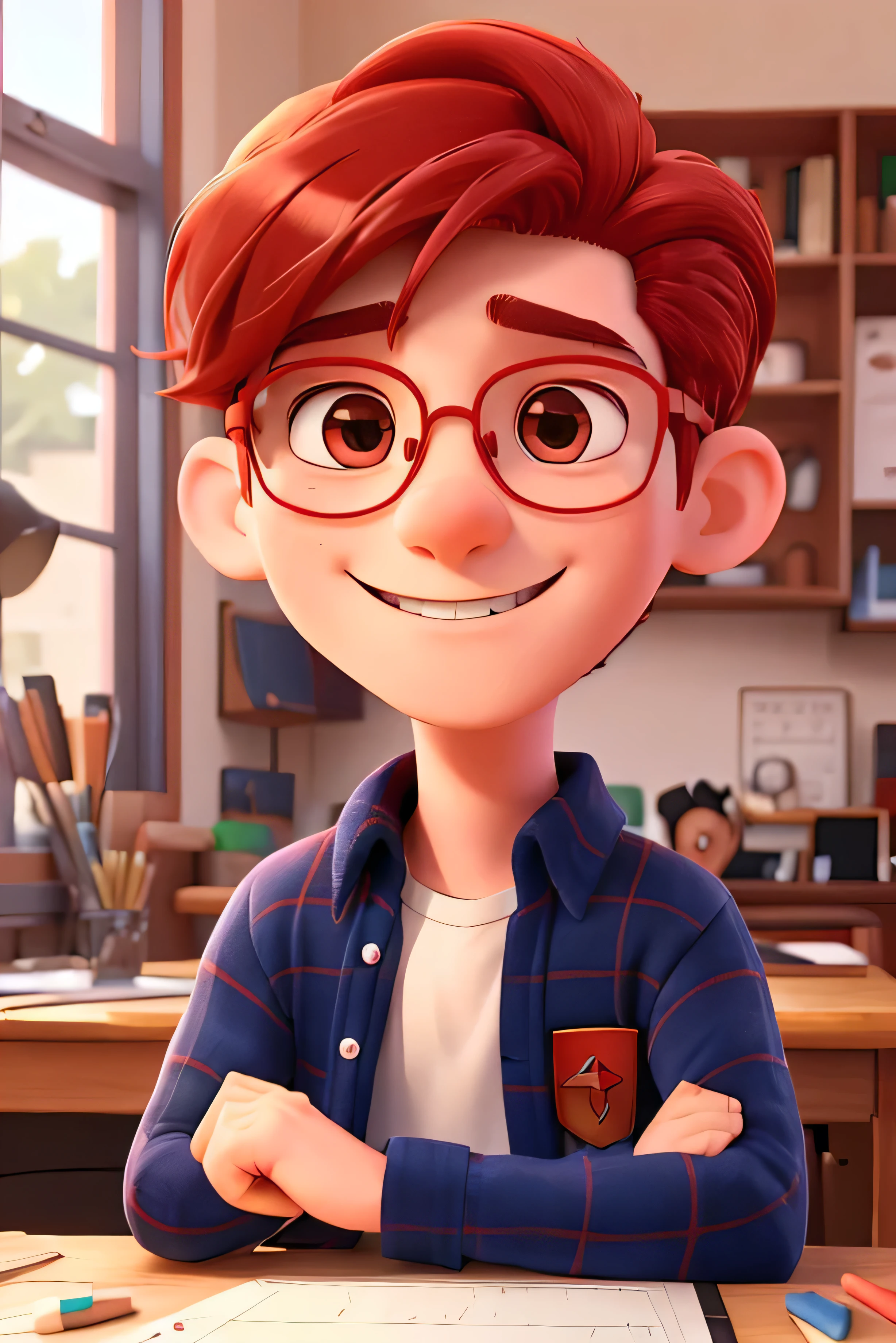  I want to draw a  boy smiling, With red hair, round glasses, and a love of mathematics