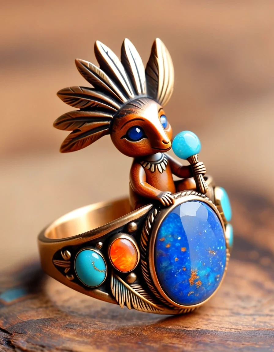 Minimalist ring design，Kokopelli, the god of rain playing the flute, has an oval opal body.，Indian totem rain god Kokopelli，Indian elements，The matching stones are small amounts of lapis lazuli and turquoise，Coffee color，Orange，Clams，feather，gem，Retro，Old，Soft Light