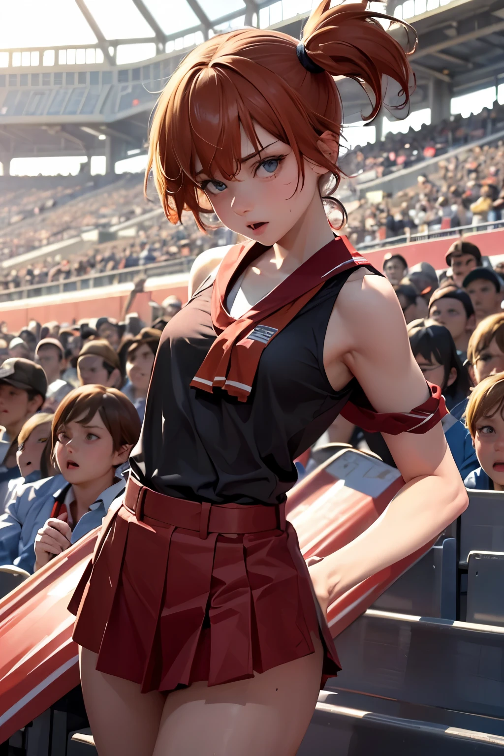 Girl's yell leader, male , school cap, red sash, in the stadium stands, black , sweat, whole body moving, dynamic movement, hard-working expression, masterpiece, looking at the viewer