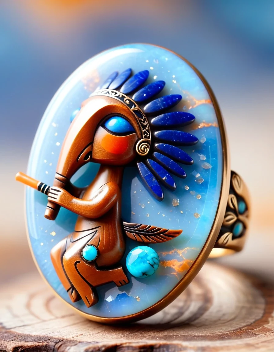 Minimalist ring design，Kokopelli, the god of rain playing the flute, has an oval opal body.，Indian totem rain god Kokopelli，Indian elements，The matching stones are small amounts of lapis lazuli and turquoise，Coffee color，Orange，Clams，feather，gem，Retro，Old，Soft Light