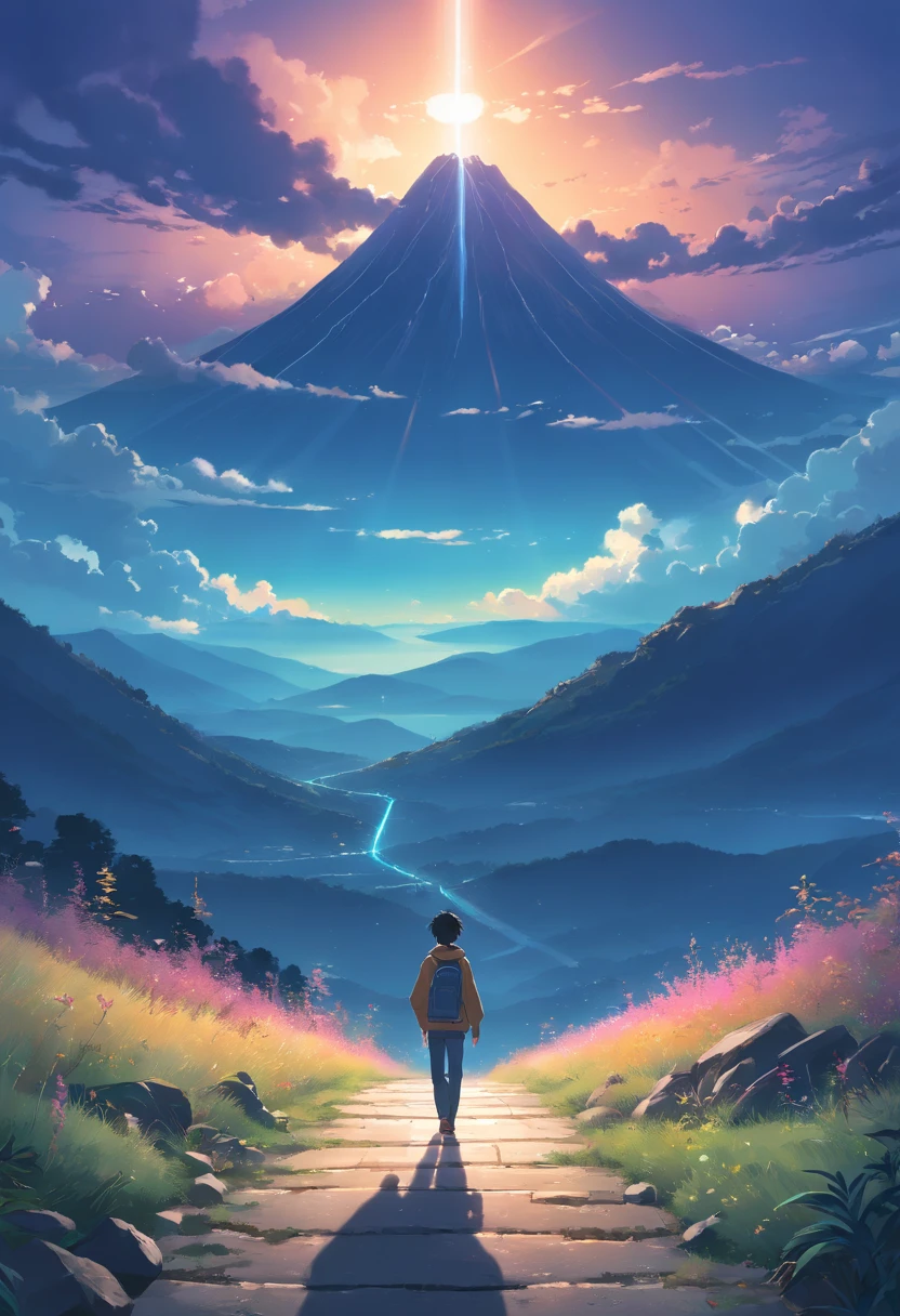 the view of a man walking in the dark against a mountain background, Christopher Balaskas, 4K concept art wallpaper, dark mountains, Detailed 4k digital art, gloomy but detailed digital art, Stefan Koidl inspired, Illustration of a dark atmosphere, dark fantasy art, 4k digital painting, 4k digital painting, dark mountain