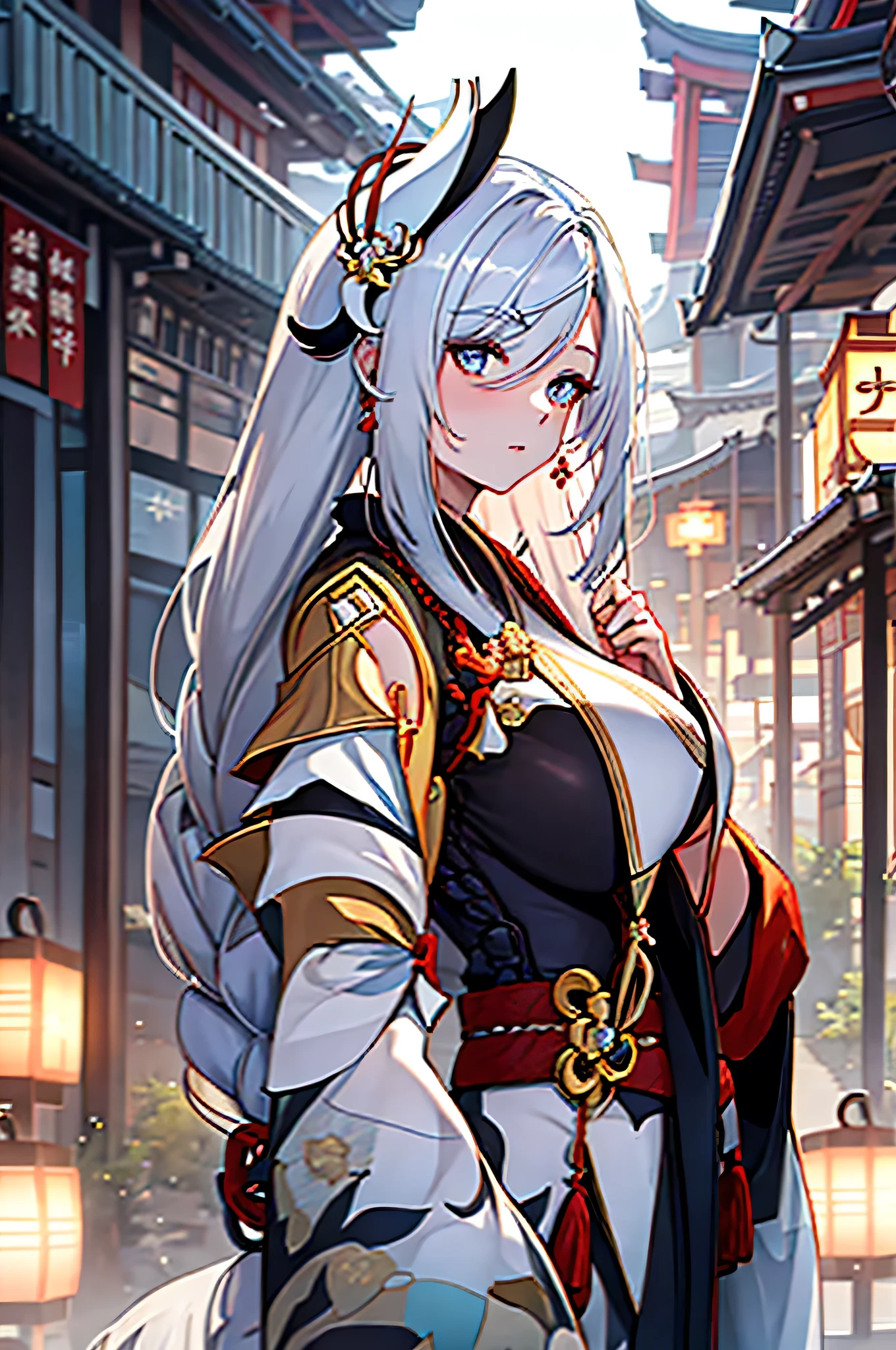 white hair , long hair , single long braid , dense hair , huge breast , kimono , white kimono ,shenhe_(genshin_impact)
