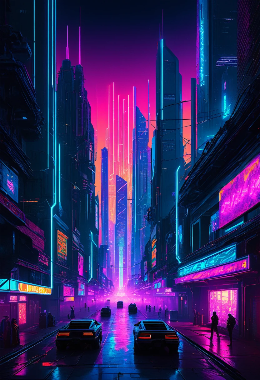 "Explore a cyberpunk cityscape under a bright, neon-lit sky in this captivating NFT artwork. Immerse yourself in the vibrant colors and dynamic energy of the futuristic world, where towering skyscrapers cast long shadows against the glowing horizon. Step into the scene and let your imagination soar amidst the hustle and bustle of this electrifying urban landscape."