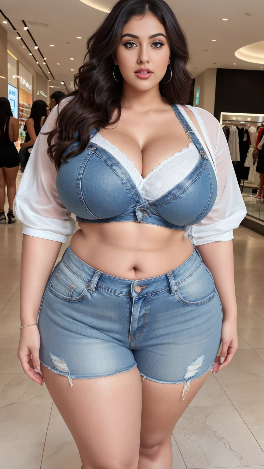 Madhubala Indian beautiful sexy curvy plus size actress in shopping mall , realistic, hyper realistic,photograph,wearing SHEIN ICON Plus Size Sexy Denim Shorts and white covered skin tight top , head to toe view, full body shot, full body view, Head Jewelery for wedding, busty, big curvy body, full body shot, she has a flat belly, thick body, big waist,The best possible quality ((high resolution 8k)),a beautiful woman, very beautiful the best, emerald eyes very well detailed, very gorgeous dress and very colorful, a 30 year most beautiful very busty woman create perfect details, (full body view)), shopping mall background