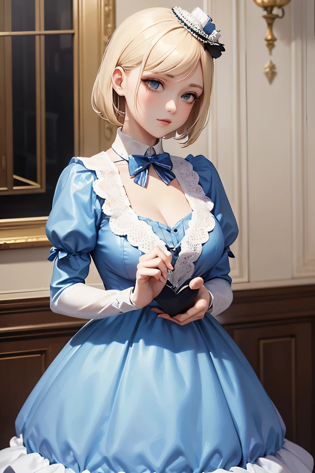 Photo of a gorgeous young blonde woman wearing an extremely conservative white and dark blue polka dot dress with short puff sleeves, fully dressed in pearls for Royal Ascot