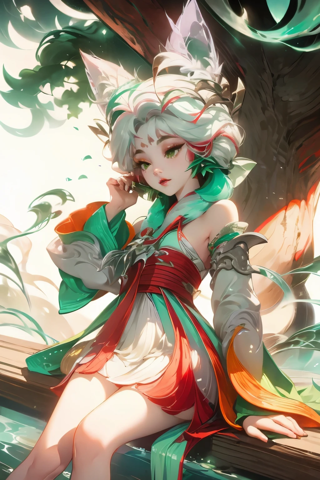 Hanfu, (Ru_group), Tree, pool, white hair, Green Eyes, Nashida_Genshin Impact, , masterpiece, best quality