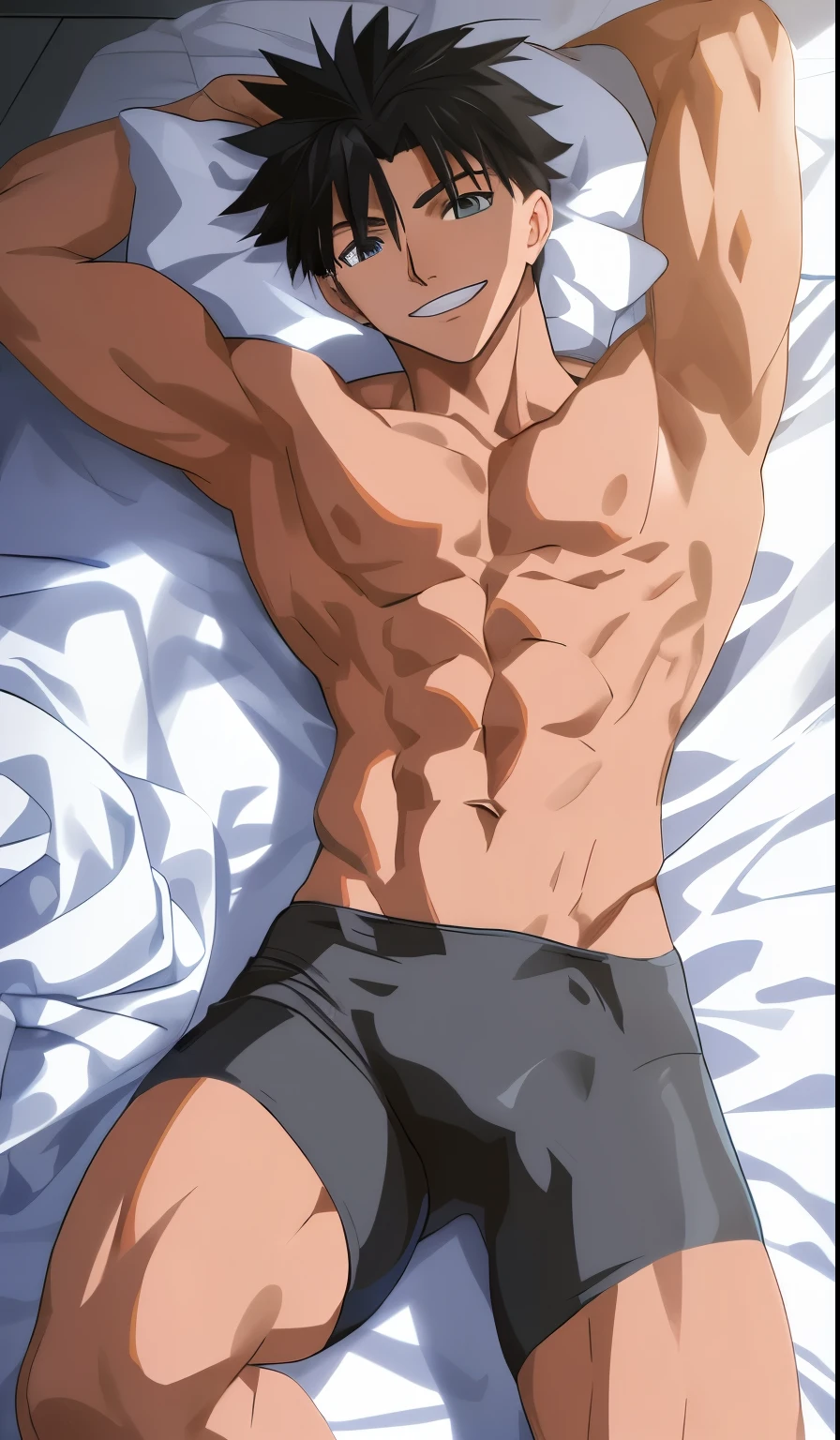 Cartoon male bodybuilder lying on bed，Put your hands behind your head, muscular!!, muscular!, Handsome Saitama, gigachad muscular, a muscular, Anime handsome man, Shirtless, muscular!!!, From《Attack on Titan》, Cool anime poses, Full body close-up, Shirtless :: High Detail, Makoto, [ Strong abdominal muscles ]!!