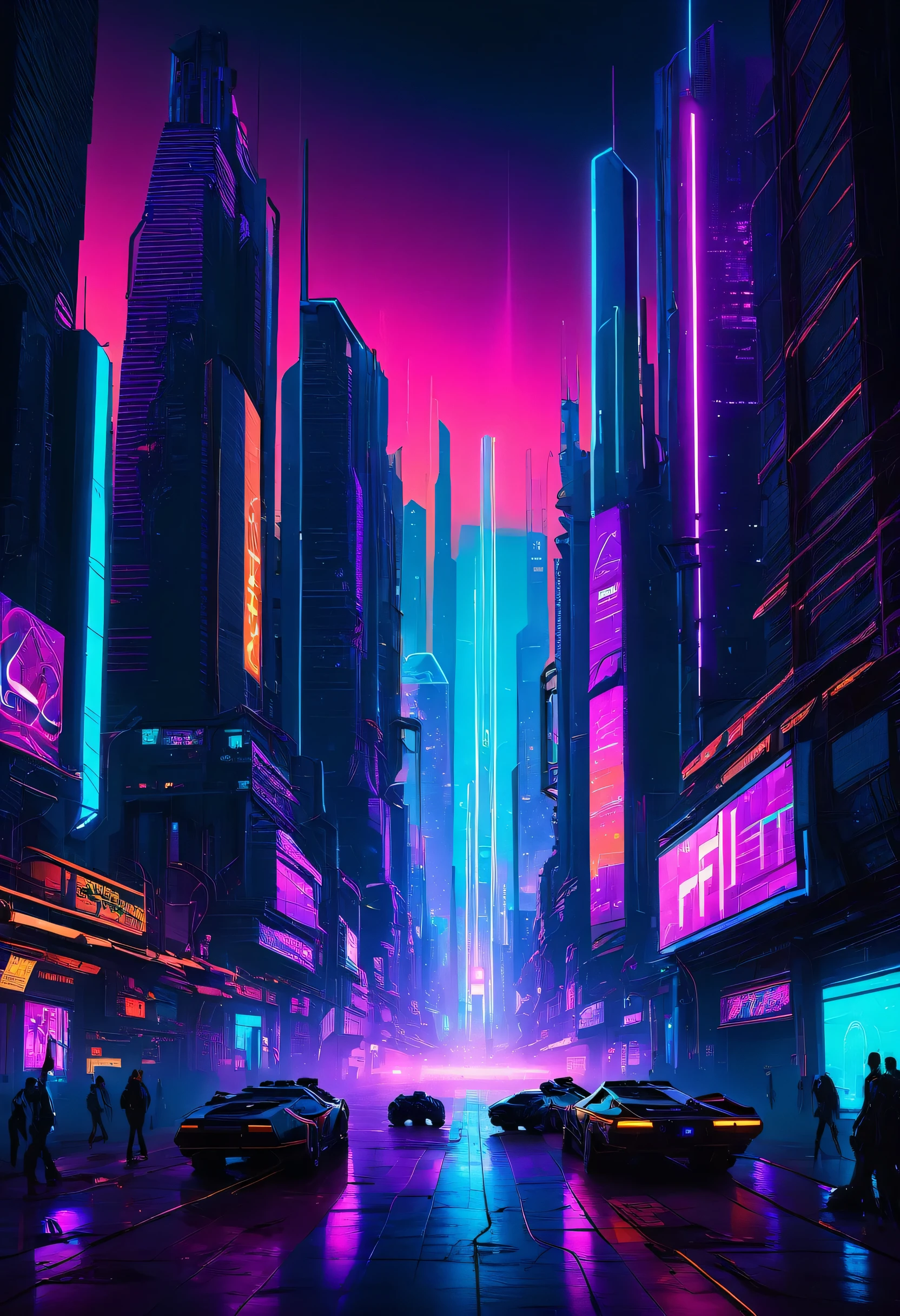 "Explore a cyberpunk cityscape under a bright, neon-lit sky in this captivating NFT artwork. Immerse yourself in the vibrant colors and dynamic energy of the futuristic world, where towering skyscrapers cast long shadows against the glowing horizon. Step into the scene and let your imagination soar amidst the hustle and bustle of this electrifying urban landscape."