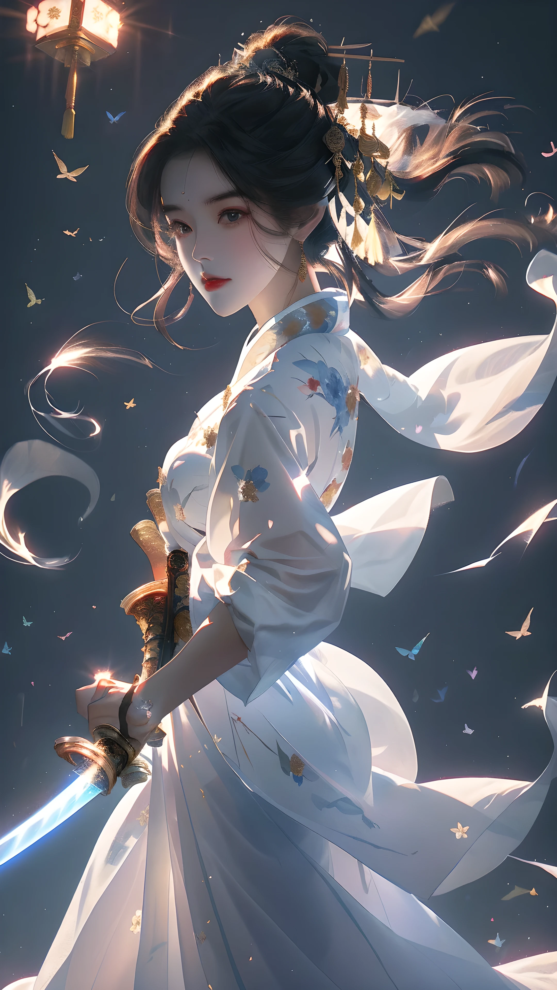 masterpiece, A high resolution, High detail face, ( Female swordsman wearing sword on side: 1.2), (Carrying a sword: 1.2), (full-body shot), (Showing off her long white legs), (White horse-faced skirt Hanfu), (White Chinese Hanfu Mamianqun), Slim body, detailed jewellery, Cute face, Practical, Edge lighting, Two-color lighting, (High Detail Skin: 1.2), 8k, Ultra HD, Digital SLR Camera, soft light, Volumetric Light, high resolution, 8k, Background blur,