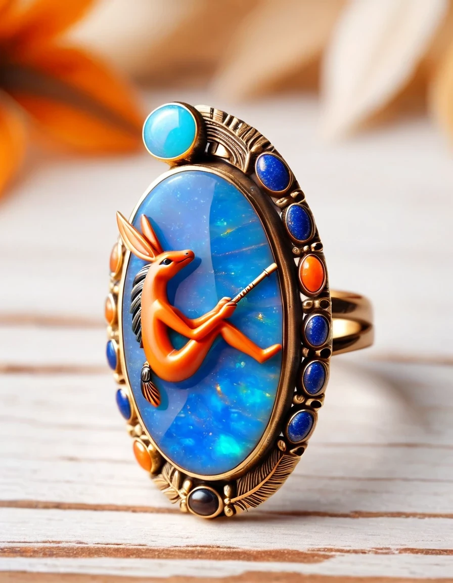 Kokopelli, the god of rain playing the flute, a minimalist ring design，The body is an oval opal stone，Indian totem rain god Kokopelli，Indian elements，The matching stones are small amounts of lapis lazuli and turquoise，Coffee color，Orange，Clams，feather，gem，Retro，Old，Soft Light