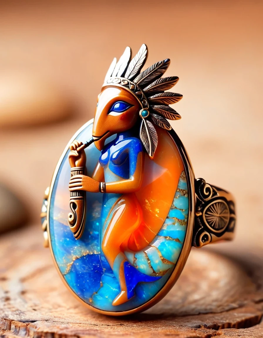 Kokopelli, the god of rain playing the flute, a minimalist ring design，The body is an oval opal stone，Indian totem rain god Kokopelli，Indian elements，The matching stones are small amounts of lapis lazuli and turquoise，Coffee color，Orange，Clams，feather，gem，Retro，Old，Soft Light