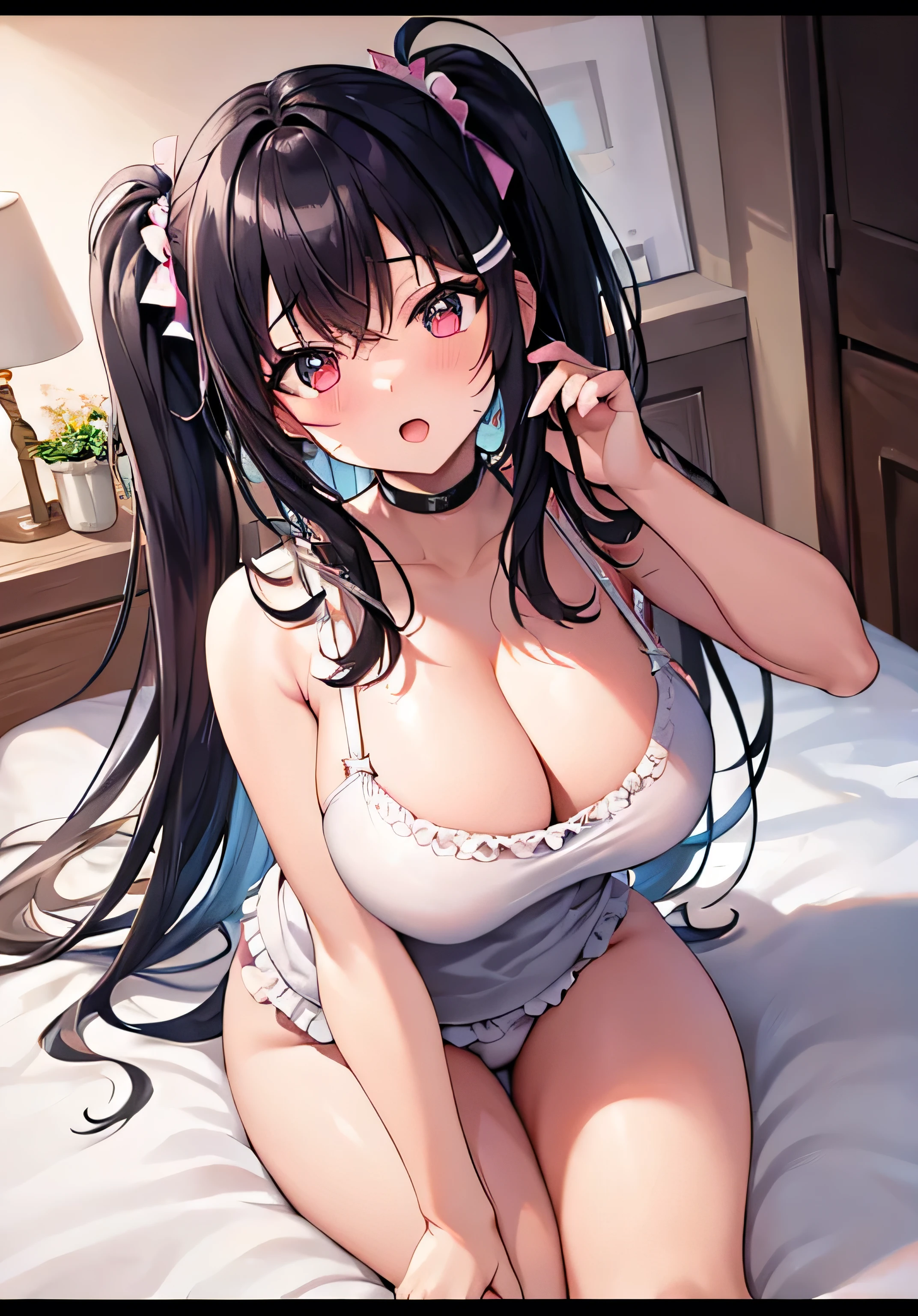 masterpiece、Highest quality、Ultra-high resolution、nsfw、 girl with big breasts、twin tail hairstyle、black hair、Red face、shyly、open your mouth just a little、white ruffle camisole that shows cleavage、white panties、sit in the bed、inside the bed room at night
