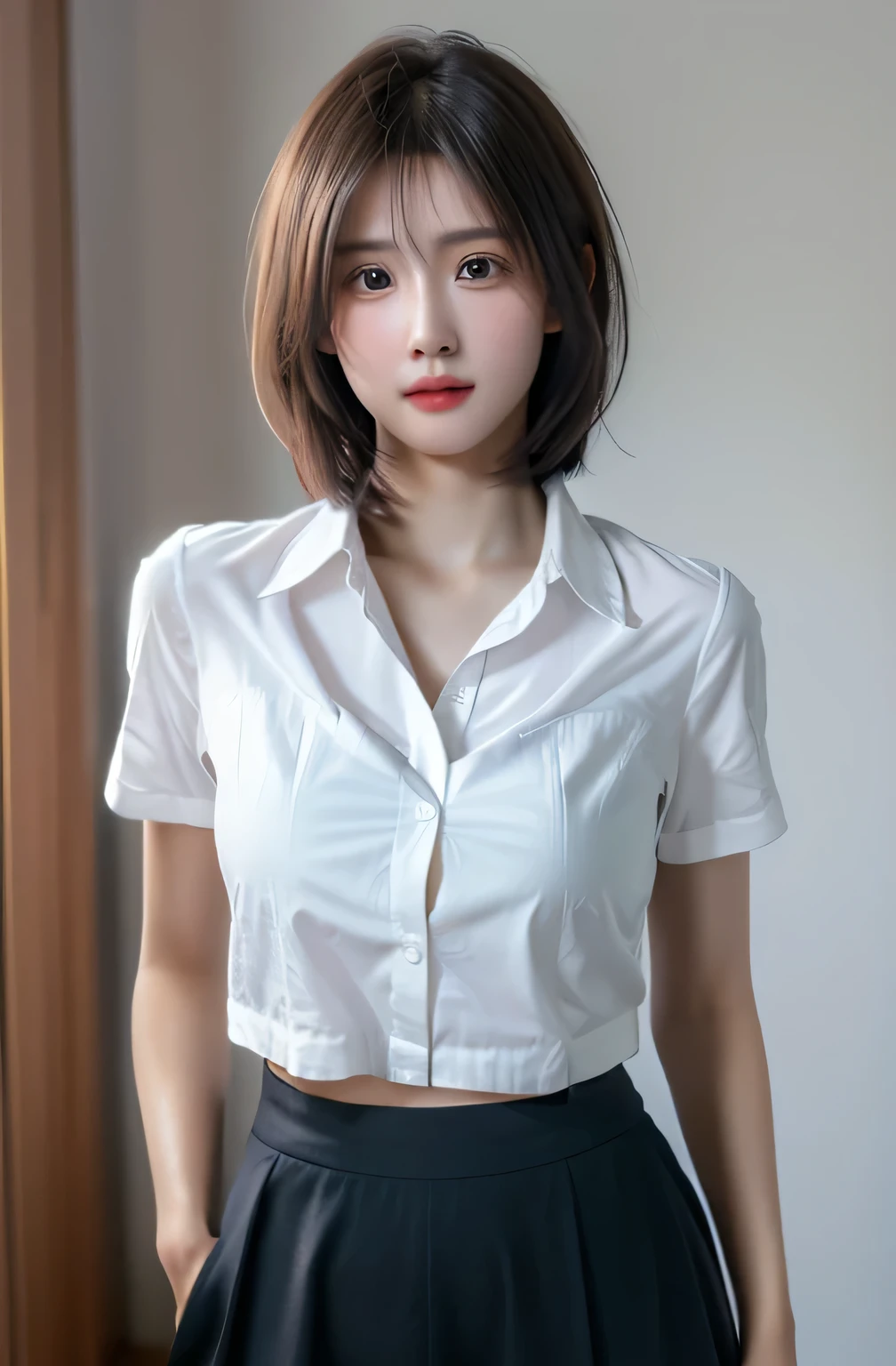 (8K, photoreal, raw photo, highest quality: 1.3), (1 girl), super beautiful, culotte skirt and white shirt (realistic face), (boyish, very short hair), beautiful, captivates the viewer Shine, beautiful expression, beautiful breasts, (realistic skin), be...