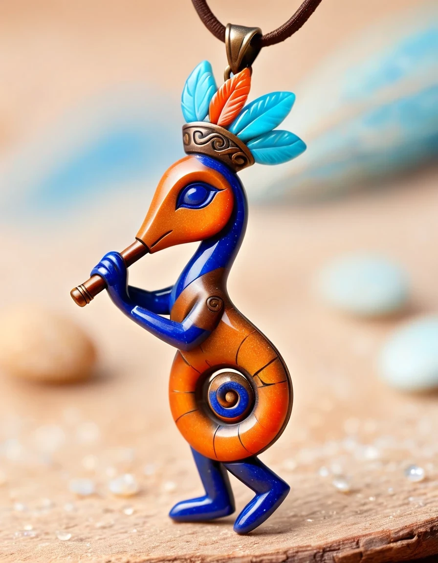 Minimalist pendant design，Kokopelli, the god of rain playing the flute, has an oval opal body.，Indian totem rain god Kokopelli，Indian elements，The matching stones are small amounts of lapis lazuli and turquoise，Coffee color，Orange，Clams，feather，gem，Retro，Old，Soft Light