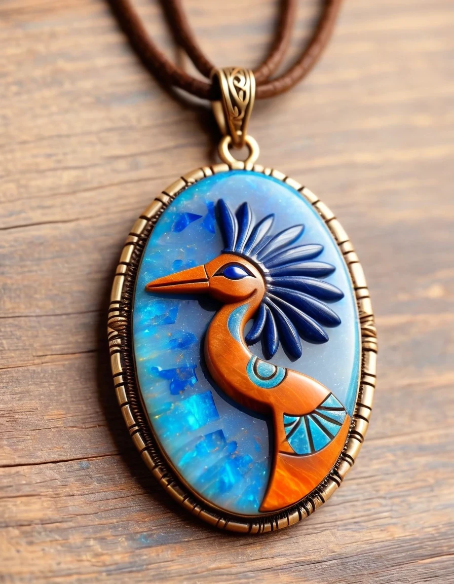 Minimalist pendant design，Kokopelli, the god of rain playing the flute, has an oval opal body.，Indian totem rain god Kokopelli，Indian elements，The matching stones are small amounts of lapis lazuli and turquoise，Coffee color，Orange，Clams，feather，gem，Retro，Old，Soft Light