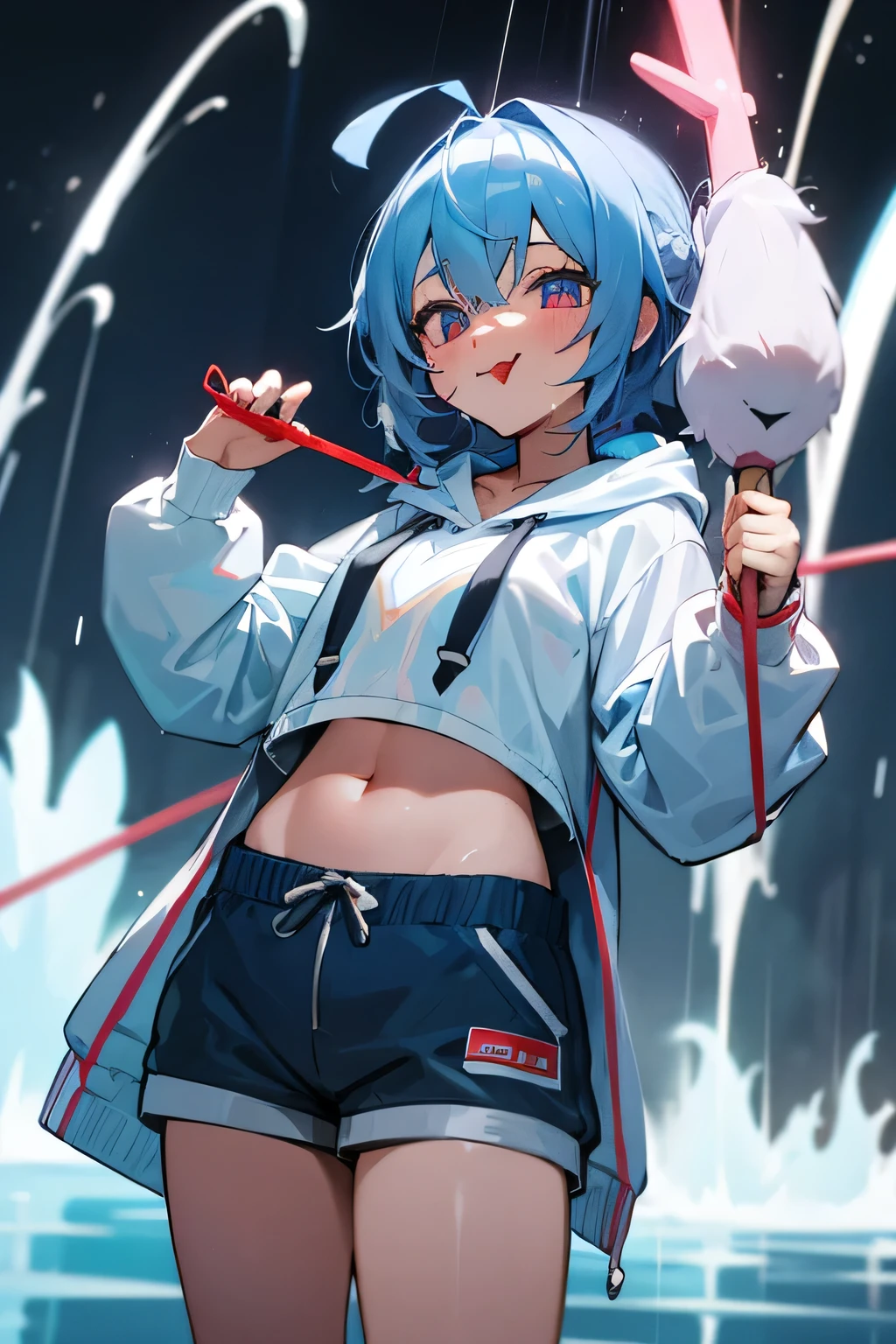 Kobokaneru Hololive Light blue hair rain long Outside splash Fountain Hair Hanging eyes Belly-baring hoodie Shorts Red string Tongue out long hair