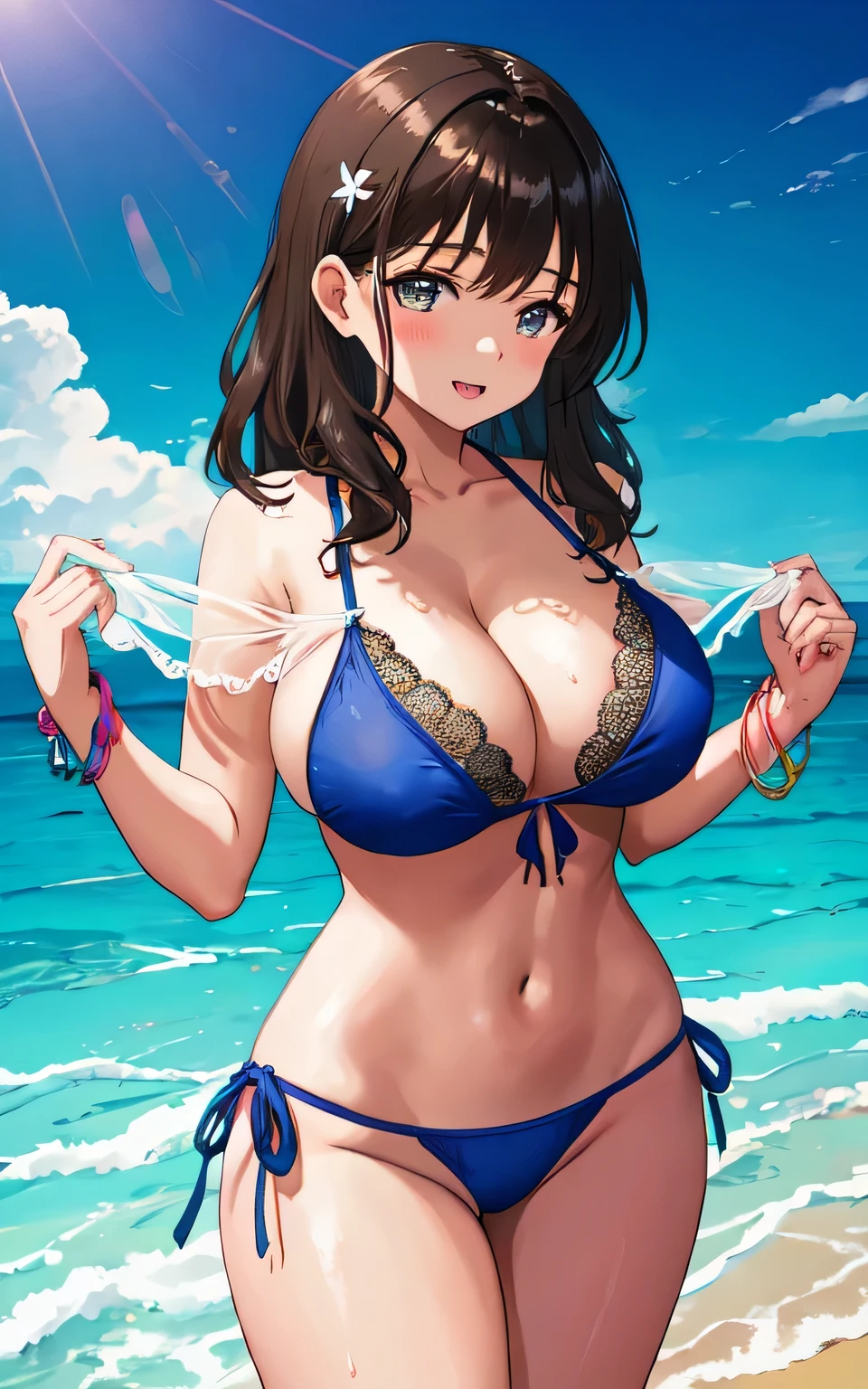 A 6 year old girl with huge breasts, wearing a lacy bikini swimming costume, on the beach, holding a man's penis in her hand, wearing a swim ring