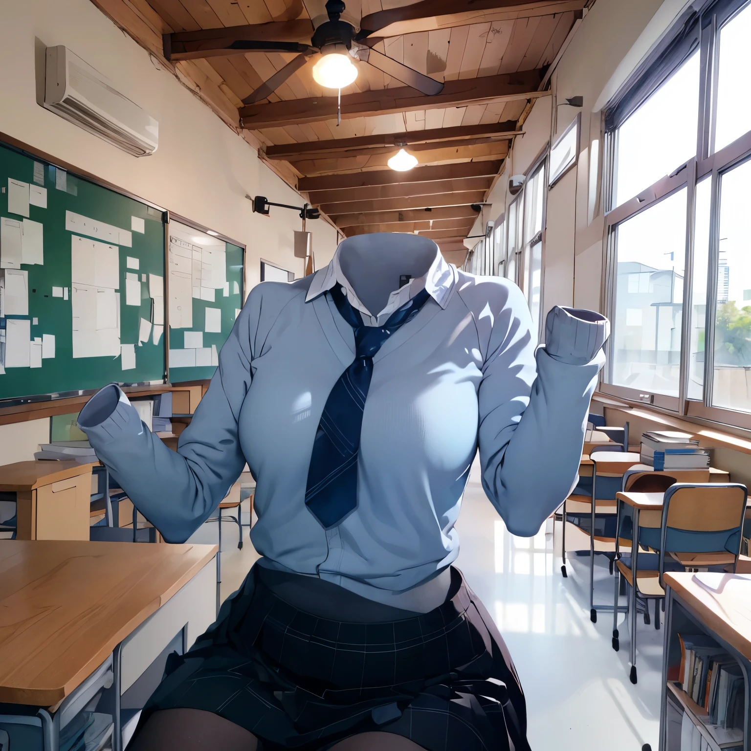 longsleeve, class room, white shirts, blue striped necktie, dark gray skirt, school tie, (cute pose), (invisible, sin humanos, without head, with no face:1.5), (beautiful big breasts), (close-up of breasts), hoton mapping, radiosity, Physically based rendering