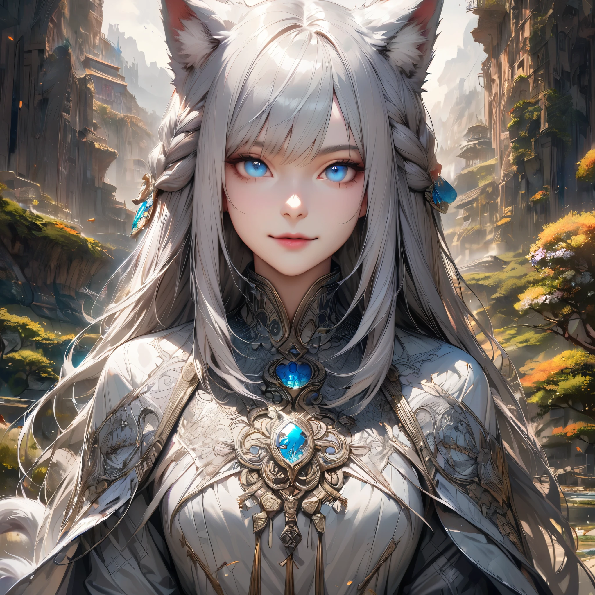 [Best quality, shaded, extreme detail, Highly detailed, Ultra detailed, intricate, Realistic, full view, detailed landscape], wolf woman, wolf girl, full fur, silver fur, full tail, silver tailed silver hair, straight hair, hair with braid, a brooch in the hair, flower motif brooch, almond-shaped eyes, blue eyes, discreet smile, soothing look, goddess clothing