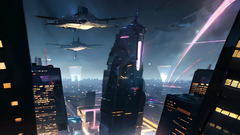 midnight，Purple tone，light pollution，Cyberpunk City，Back，Top of a skyscraper，airship。