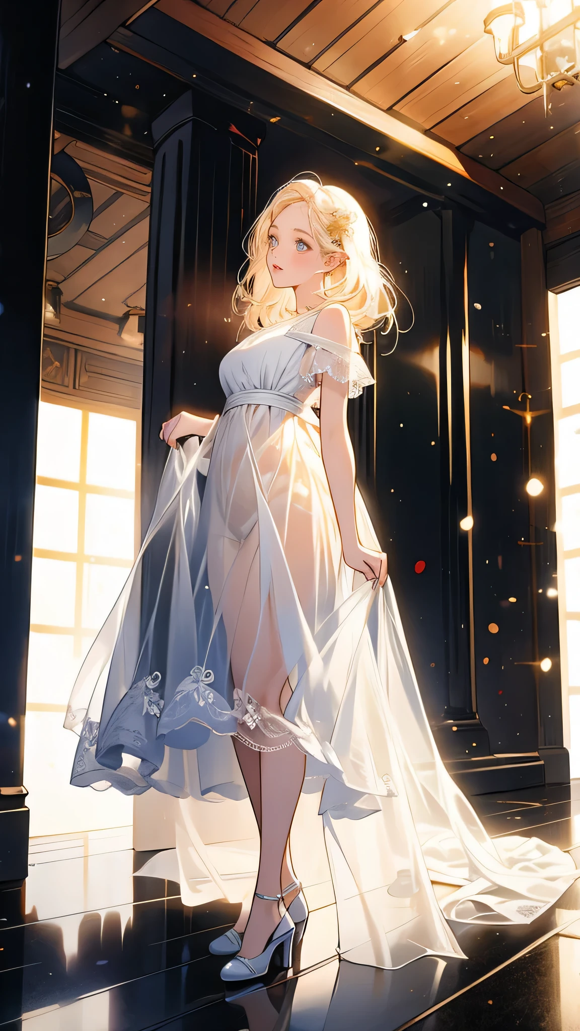 (masterpiece, best quality:1.2), 1girl, solo, delicate face, white-skinned female, see-through silhouette, white dress, full body, indoor