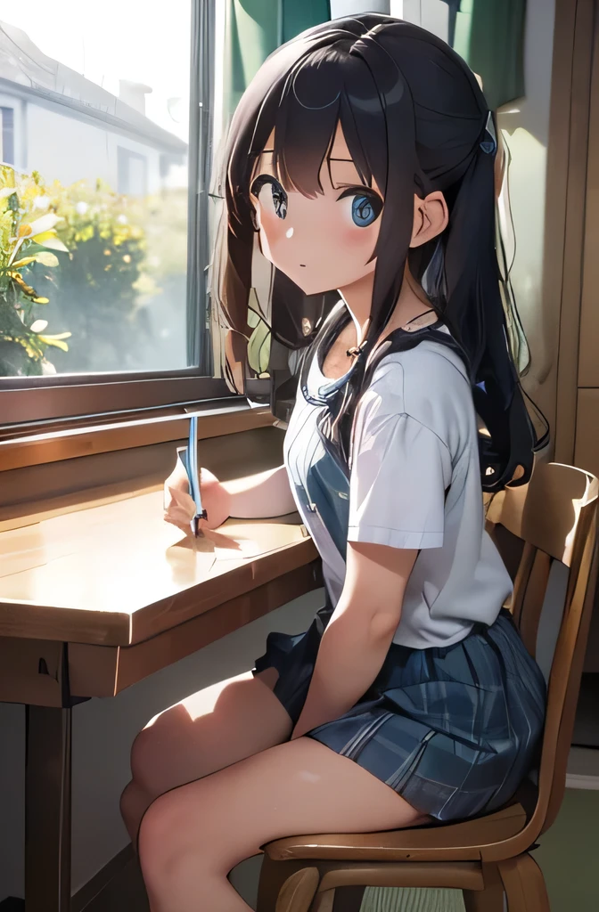 (best quality,4k,8k,highres,masterpiece:1.2),beautiful young Girl, 1 Girl , sit on chair drawing on table, Behind, Room square, window in front, Blue Curtain, Book shelf, green Tatami, Land scape