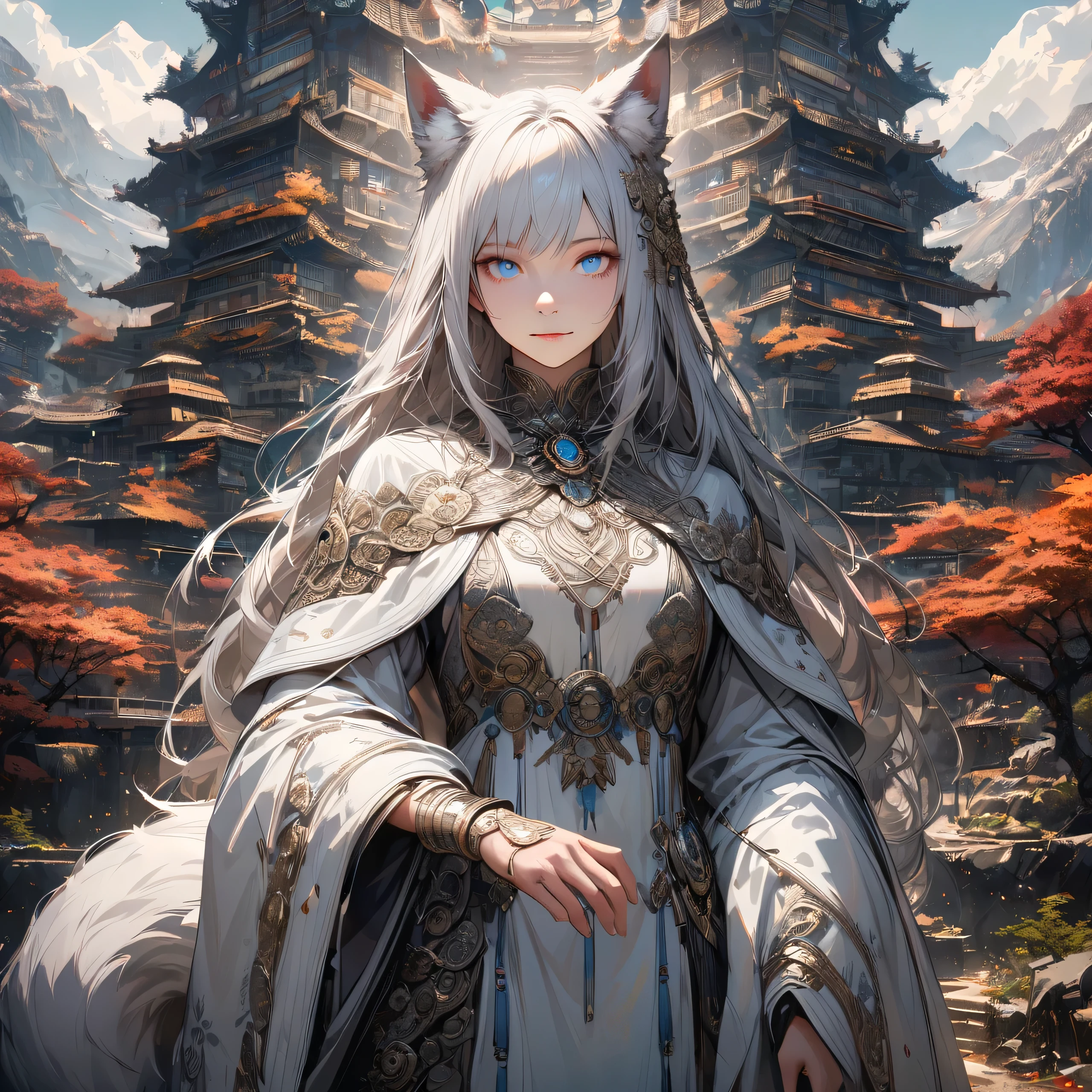 [Best quality, shaded, extreme detail, Highly detailed, Ultra detailed, intricate, Realistic, full view, detailed landscape], wolf woman, wolf girl, full fur, silver fur, full tail, silver tailed silver hair, straight hair, hair with braid, a brooch in the hair, flower motif brooch, almond-shaped eyes, blue eyes, discreet smile, soothing look, goddess clothing