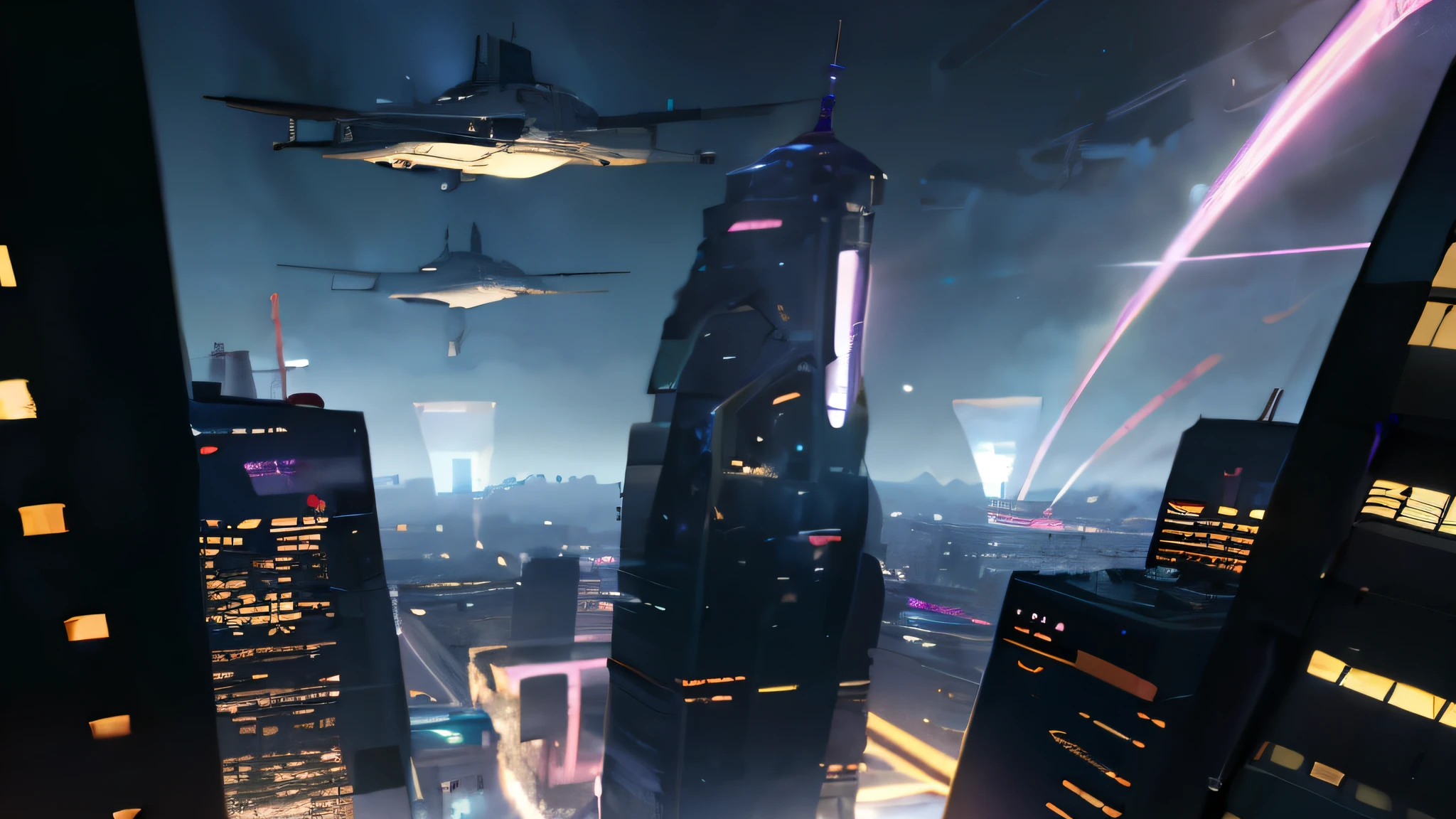 midnight,Purple tone,light pollution,Cyberpunk City,Back,Top of a skyscraper,airship。