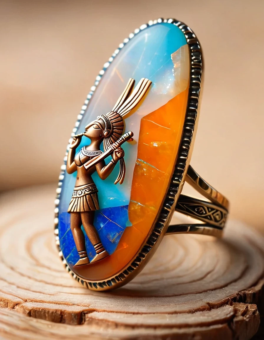 Kokopelli, the god of rain playing the flute, a minimalist ring design，The body is an oval opal stone，Indian totem rain god Kokopelli，Indian elements，The matching stones are small amounts of lapis lazuli and turquoise，Coffee color，Orange，Clams，feather，gem，Retro，Old，Soft Light