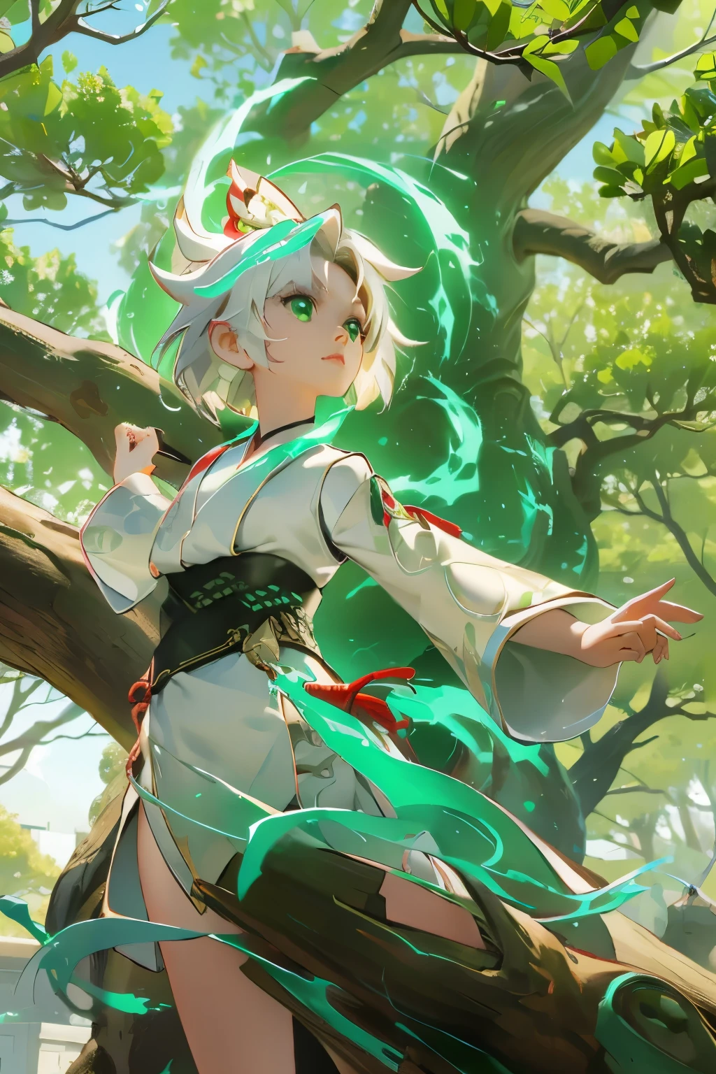 Hanfu, (Ru_group), Tree, pool, white hair, Green Eyes, Nashida_Genshin Impact, child, masterpiece, best quality