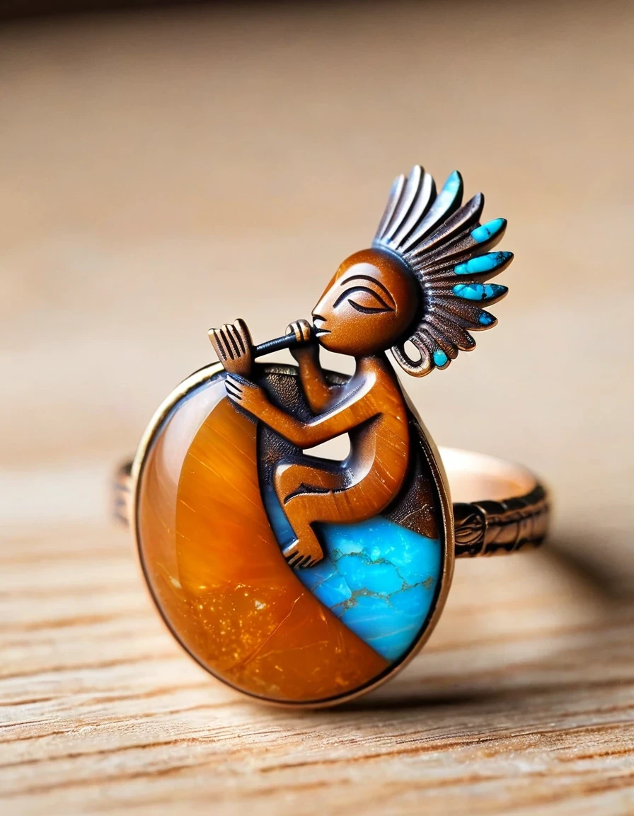 Kokopelli, the god of rain playing the flute, a minimalist ring design，The body is an oval opal stone，Indian totem rain god Kokopelli，Indian elements，The matching stones are small amounts of lapis lazuli and turquoise，Coffee color，Orange，Clams，feather，gem，Retro，Old，Soft Light