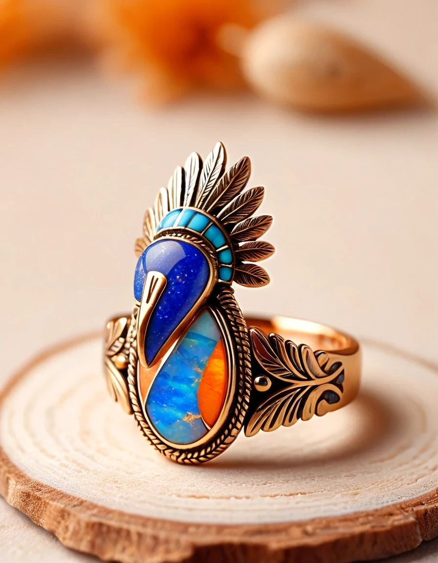 Kokopelli, the god of rain playing the flute, a minimalist ring design，The body is an oval opal stone，Indian totem rain god Kokopelli，Indian elements，The matching stones are small amounts of lapis lazuli and turquoise，Coffee color，Orange，Clams，feather，gem，Retro，Old，Soft Light