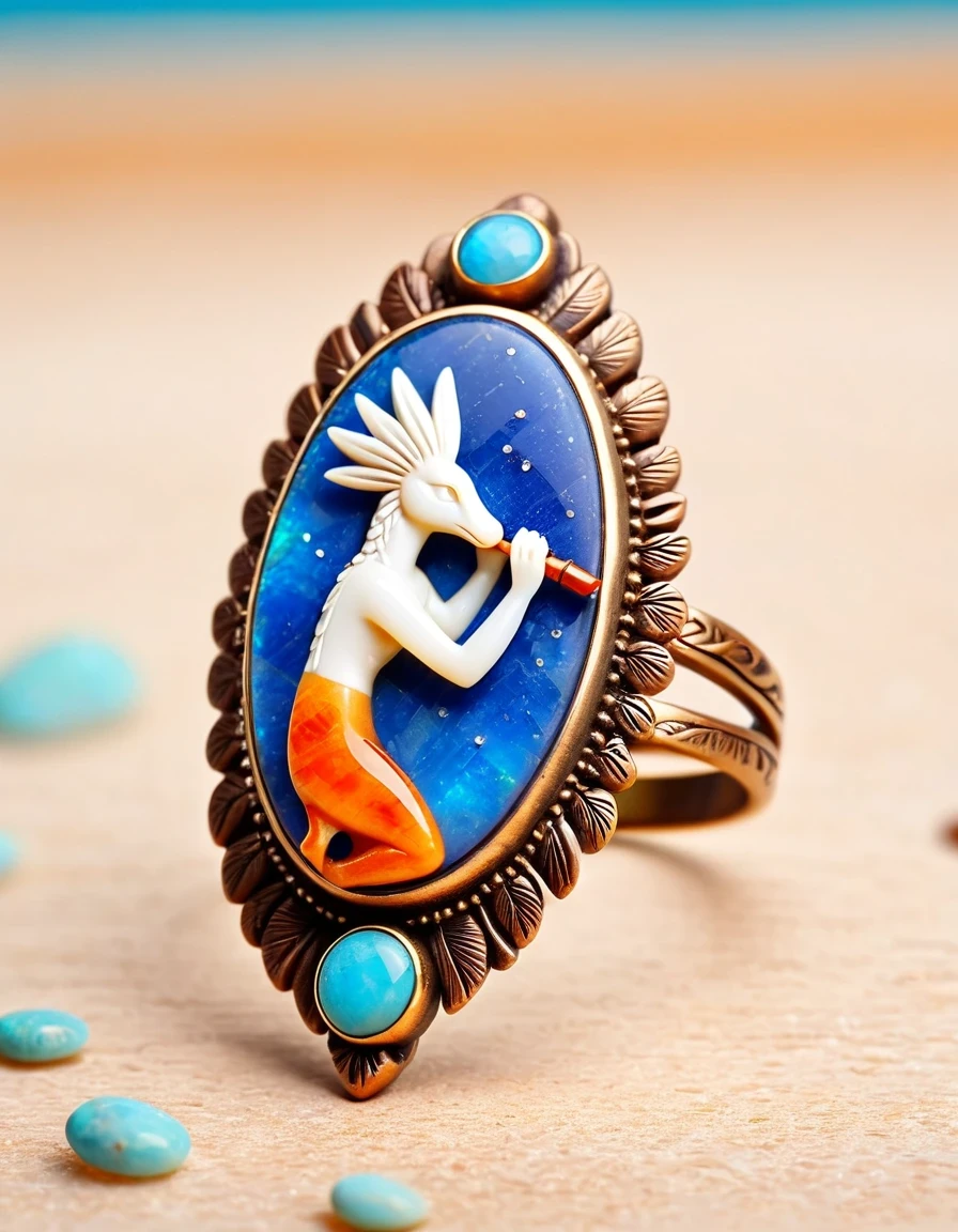 Kokopelli, the god of rain playing the flute, a minimalist ring design，The body is an oval opal stone，Indian totem rain god Kokopelli，Indian elements，The matching stones are small amounts of lapis lazuli and turquoise，Coffee color，Orange，Clams，feather，gem，Retro，Old，Soft Light