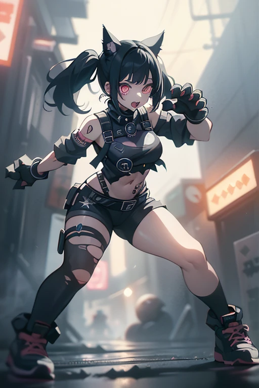 2D,solo,1woman\(cute,kawaii,small kid,evil smile,floating hair,messy hair,(black hair:1.2),long hair,twin tails hair,pale skin,skin color blue,red eyes,eyes shining,big eyes,(ripped clothes:1.5),tight tube top,(breast:1.4),tight hot pants,(dynamic pose:1.6),(stomach shown:1.4),(punk fashion:1.4),fluffy black cat-ear,(dynamic pose:1.4),human hands,(anatomically correct hands:1.6),5fingers each hand,open mouth\), BREAK ,background\(outside,noisy city,backstreet,narrow street,(dark:2.0),neon lights\),[chibi],[nsfw:2.0],quality\(8k,wallpaper of extremely detailed CG unit, ​masterpiece,hight resolution,top-quality,top-quality real texture skin,hyper realisitic,increase the resolution,RAW photos,best qualtiy,highly detailed,the wallpaper/)