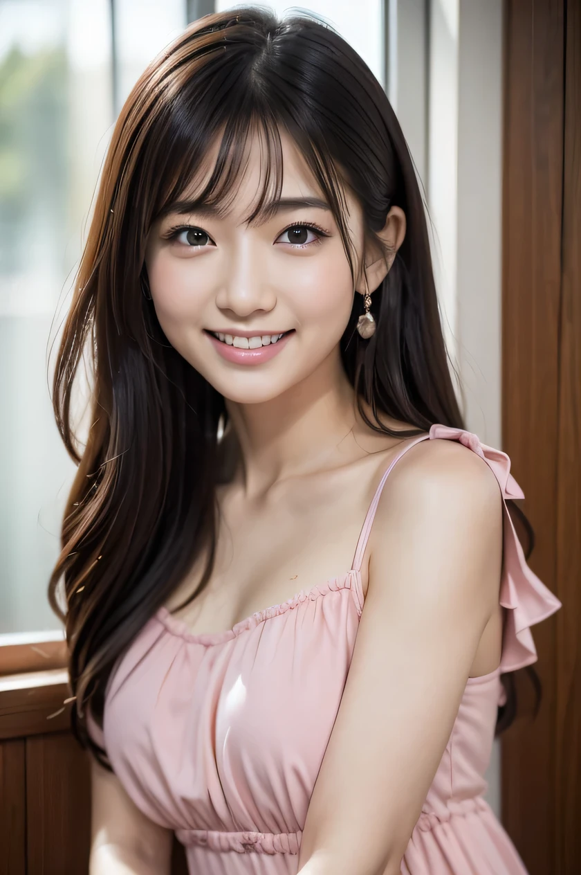 The beauty of 8K raw photos:2.0, Japanese woman, beautiful face and dark eyes, looking down, looking at the viewer:1.5, big smile, wet hair, tiny top, (pink dress:1.2), shinny skin, realistic:1.9, very detailed, cowboy shot:1.2, High resolution RAW color photos, professional photos, Taken at the studio, girl sexy portrait