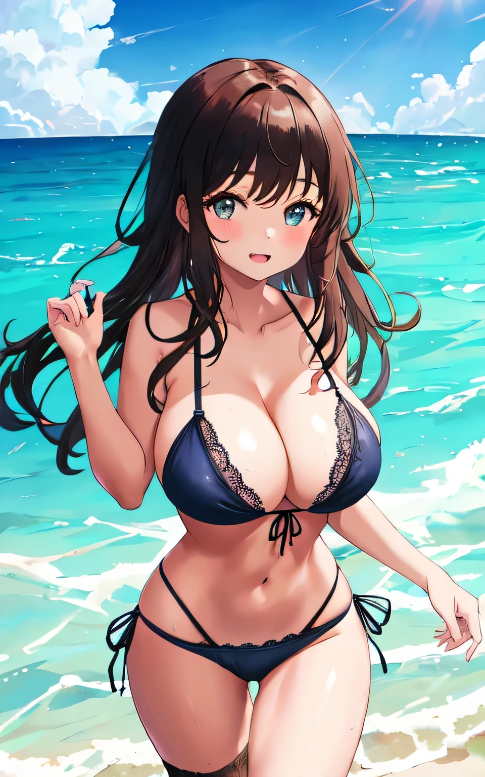 A 6 year old girl with huge breasts, wearing a lacy bikini swimming costume, on the beach, holding a man's penis in her hand, wearing a swim ring