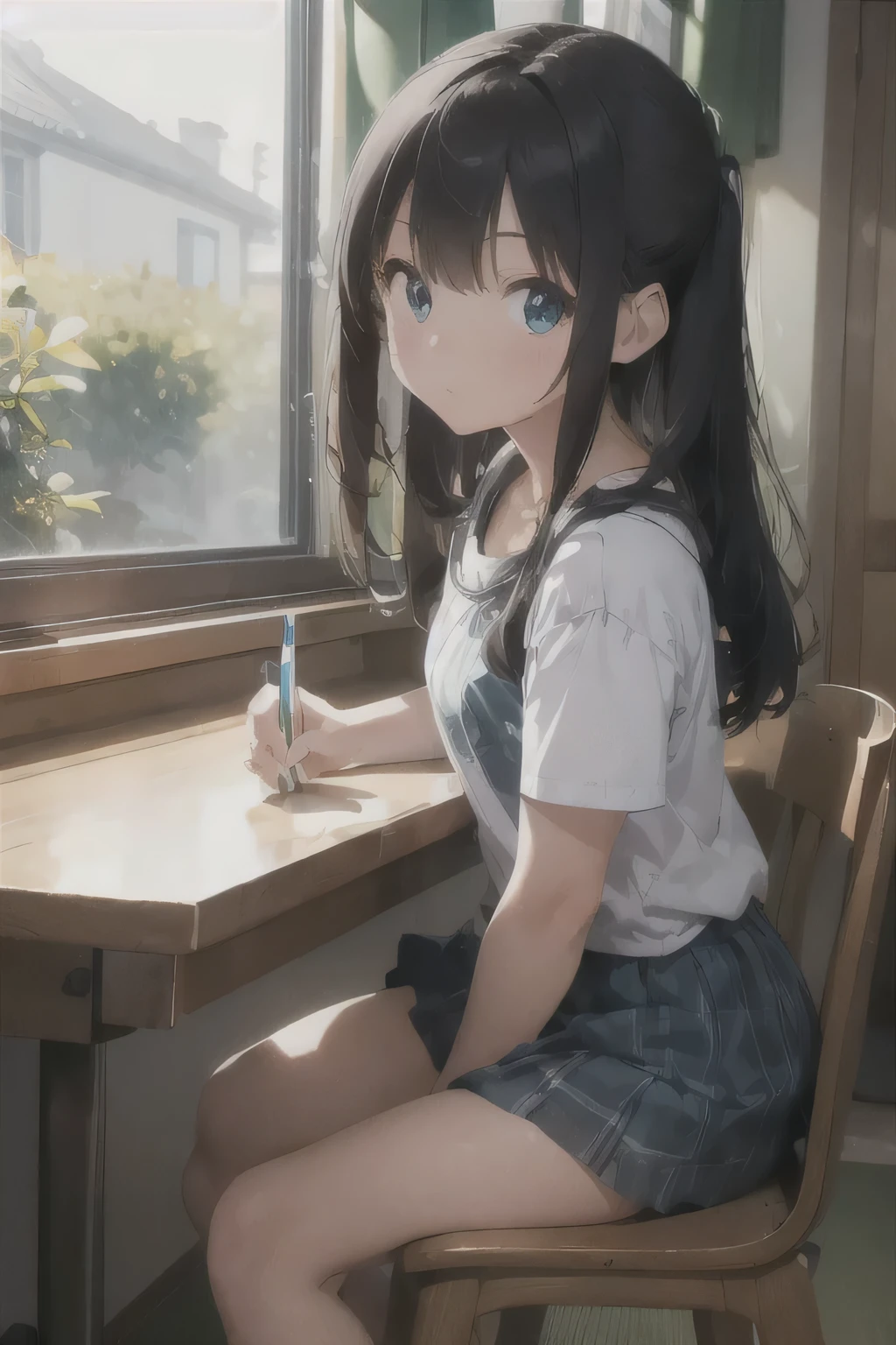 (best quality,4k,8k,highres,masterpiece:1.2),beautiful young Girl, 1 Girl , sit on chair drawing on table, Behind, Room square, window in front, Blue Curtain, Book shelf, green Tatami, Land scape