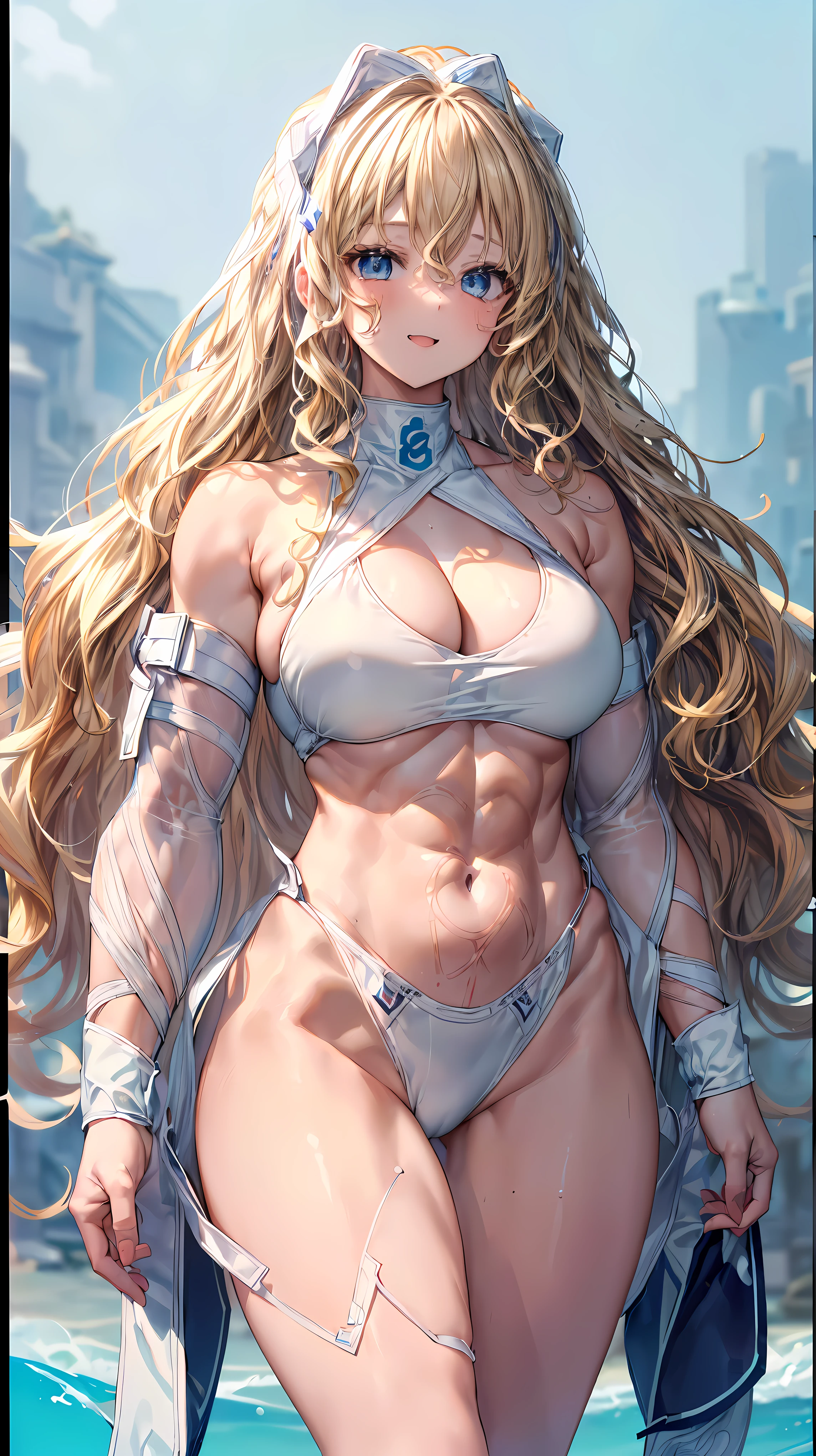 (Adult women:1.5)、Very detailed、highest quality、Best image quality、masterpiece、8k、Anime Face、A kind smile、(Open your mouth:1.3)、Sparkling blue eyes、(Blonde Wavy Hair:1.5)、、Muscles of the whole body、(High leg:1.5)、Thigh belt、(Wearing a white bikini:1.5)、(Cowboy Shot:1.5)、SFW Giant